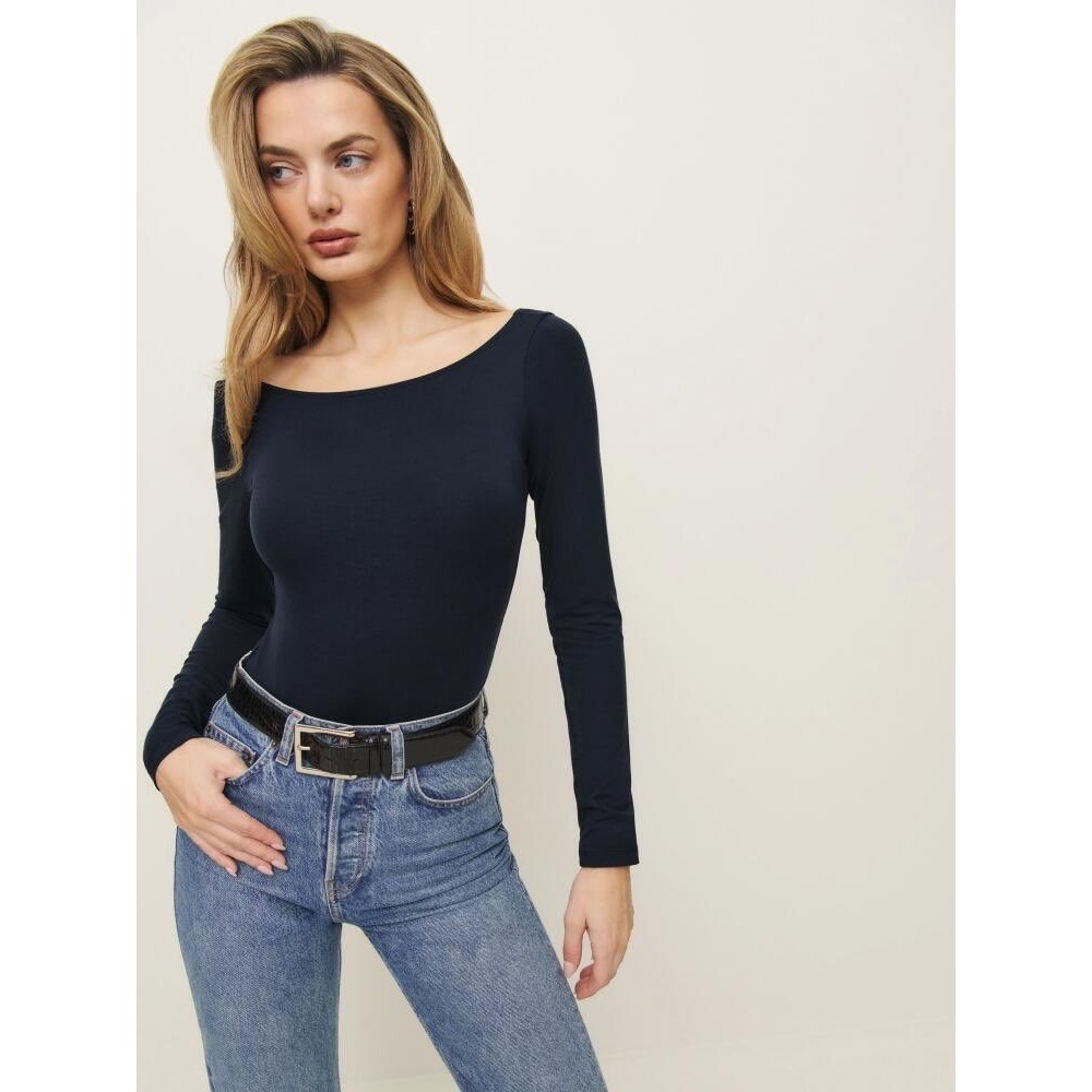 Reformation Navy Blue Tencel Boat Neck Low Scoop Back Long Sleeve Bodysuit S